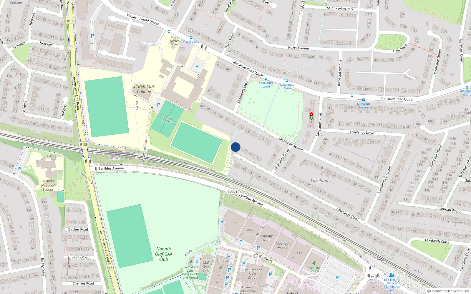 Overhead map showing the location of 1 Lakelands Close, Stillorgan, County Dublin