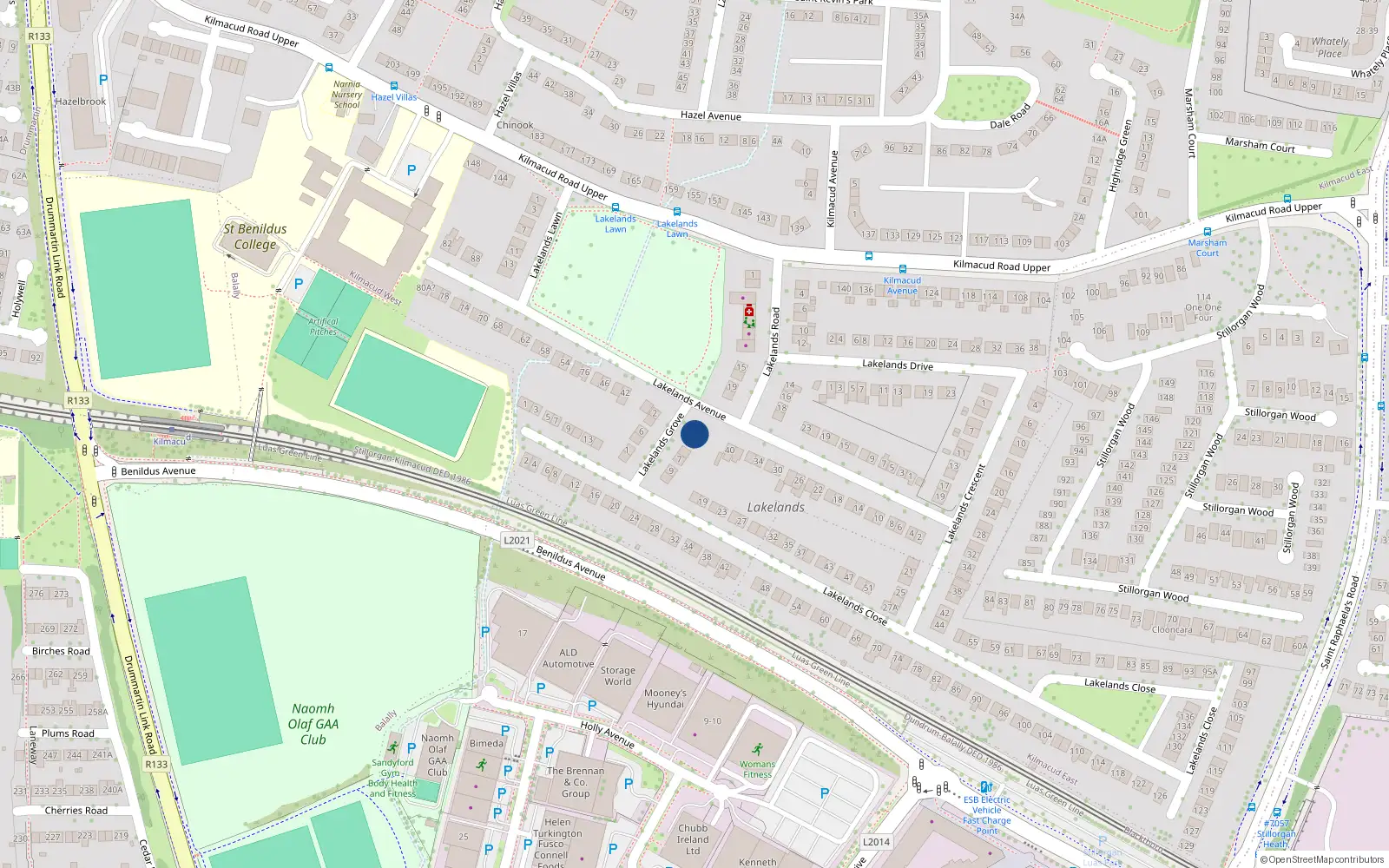 Overhead map showing the location of 1 Lakelands Grove, Upper Kilmacud Road, Stillorgan
