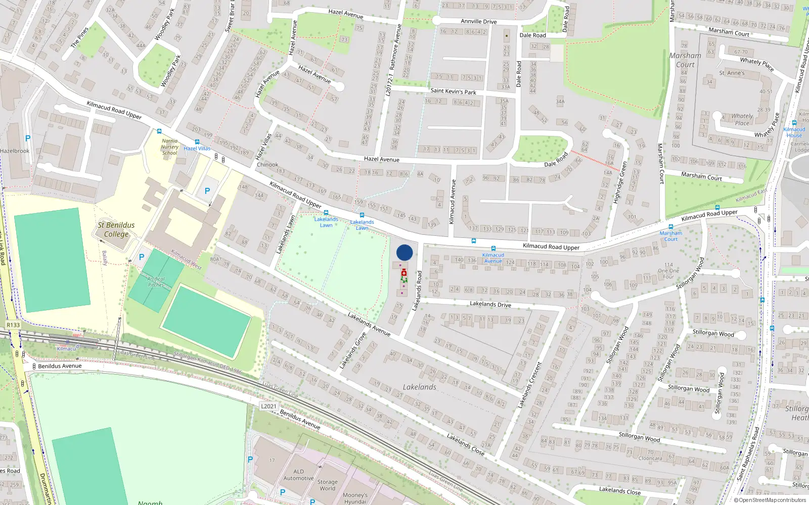 Overhead map showing the location of 1 Lakelands Road, Kilmacud, Stillorgan
