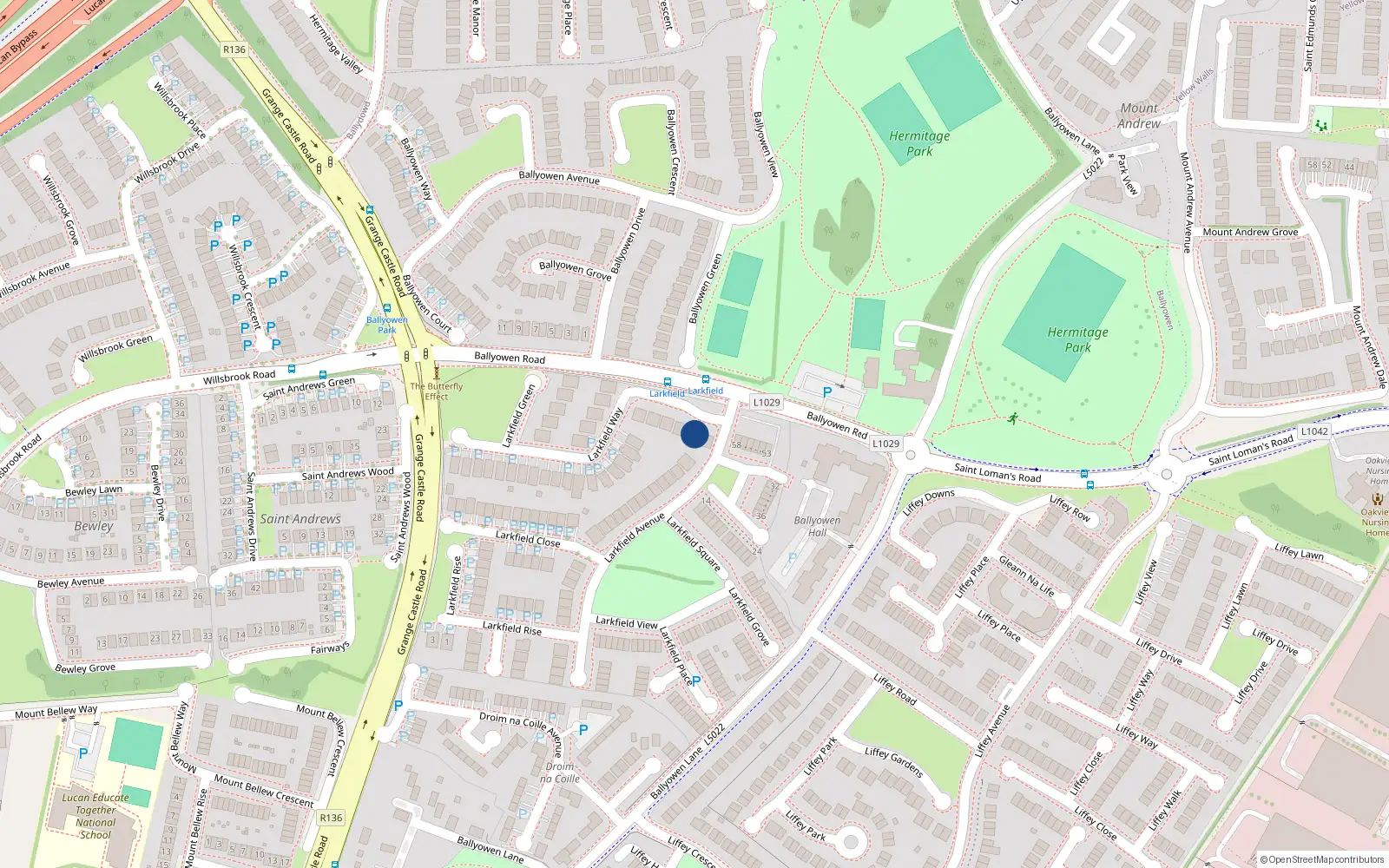 Overhead map showing the location of 1 Larkfield Way, Lucan