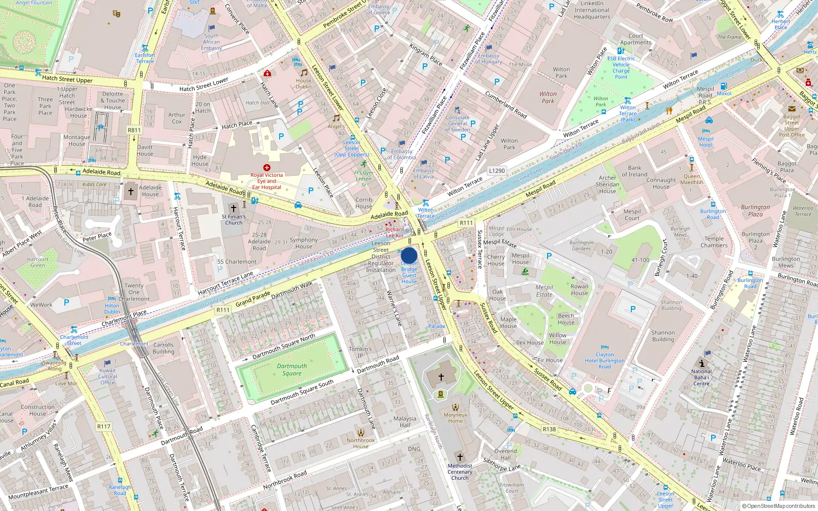 Overhead map showing the location of 1 Leeson Street Upper, Dublin 4