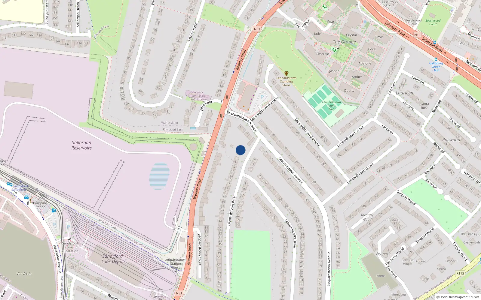 Overhead map showing the location of 1 Leopardstown Park, Stillorgan