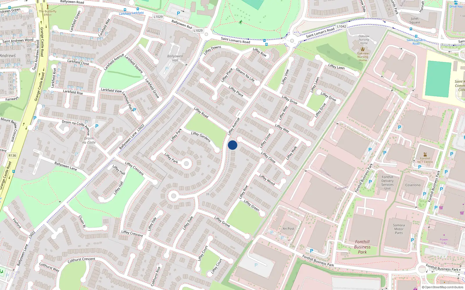 Overhead map showing the location of 1 Liffey Avenue, Lucan, Dublin