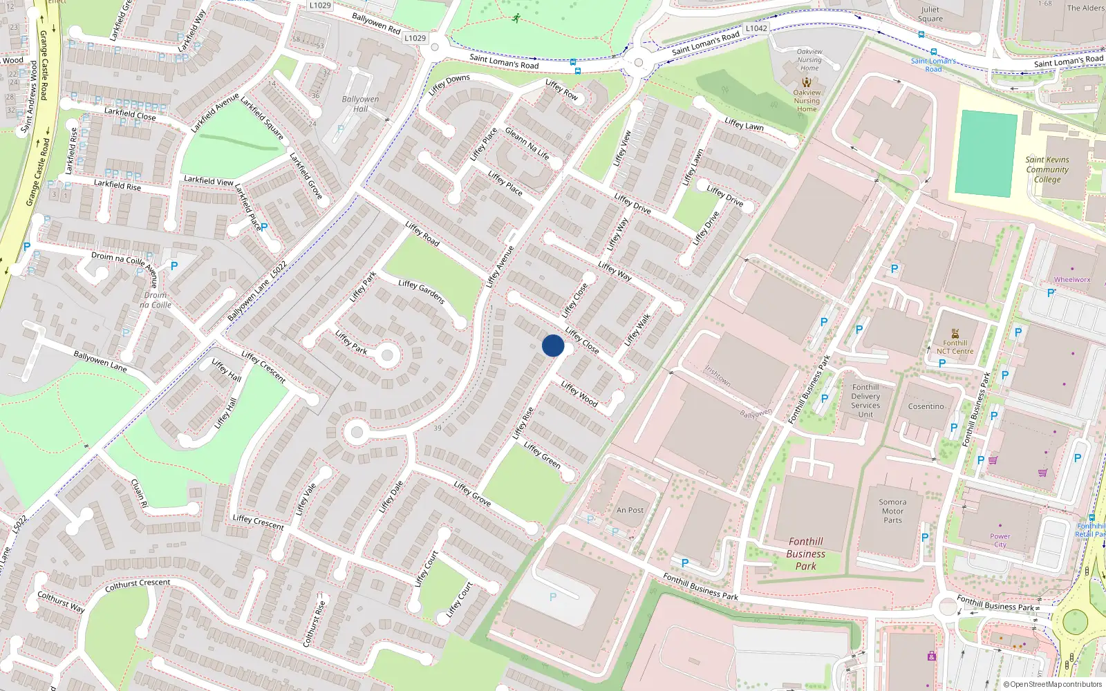 Overhead map showing the location of 1 Liffey Close, Liffey Valley Park, Lucan