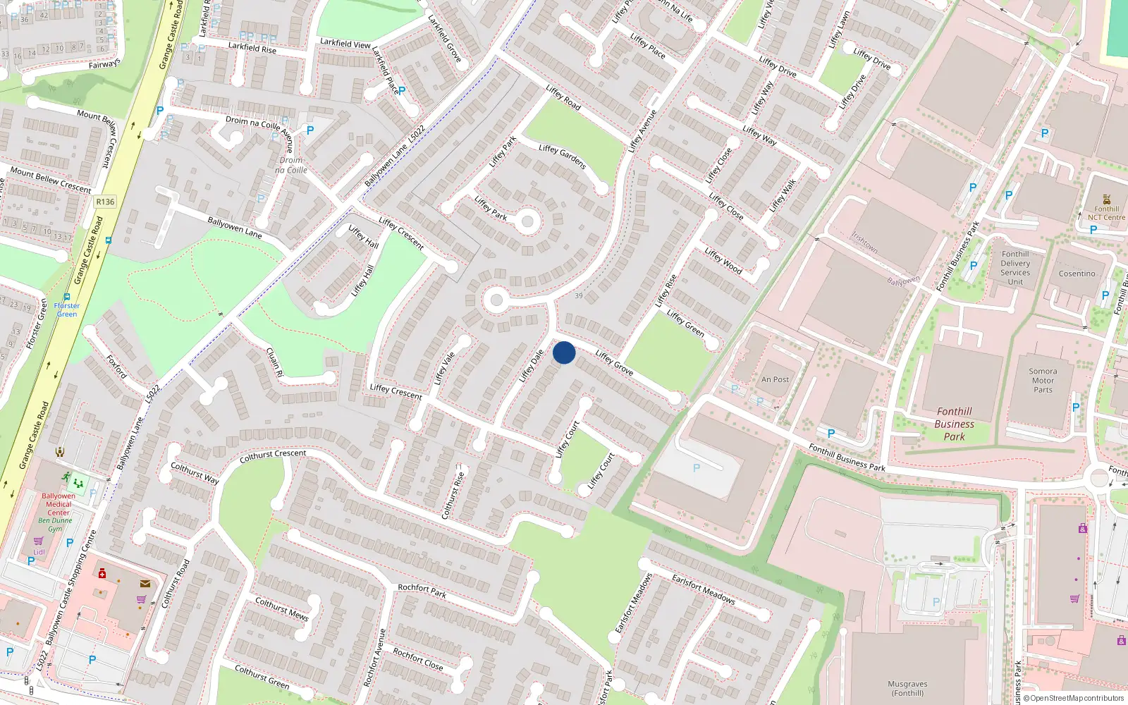Overhead map showing the location of 1 Liffey Dale, Liffey Valley Park, Lucan