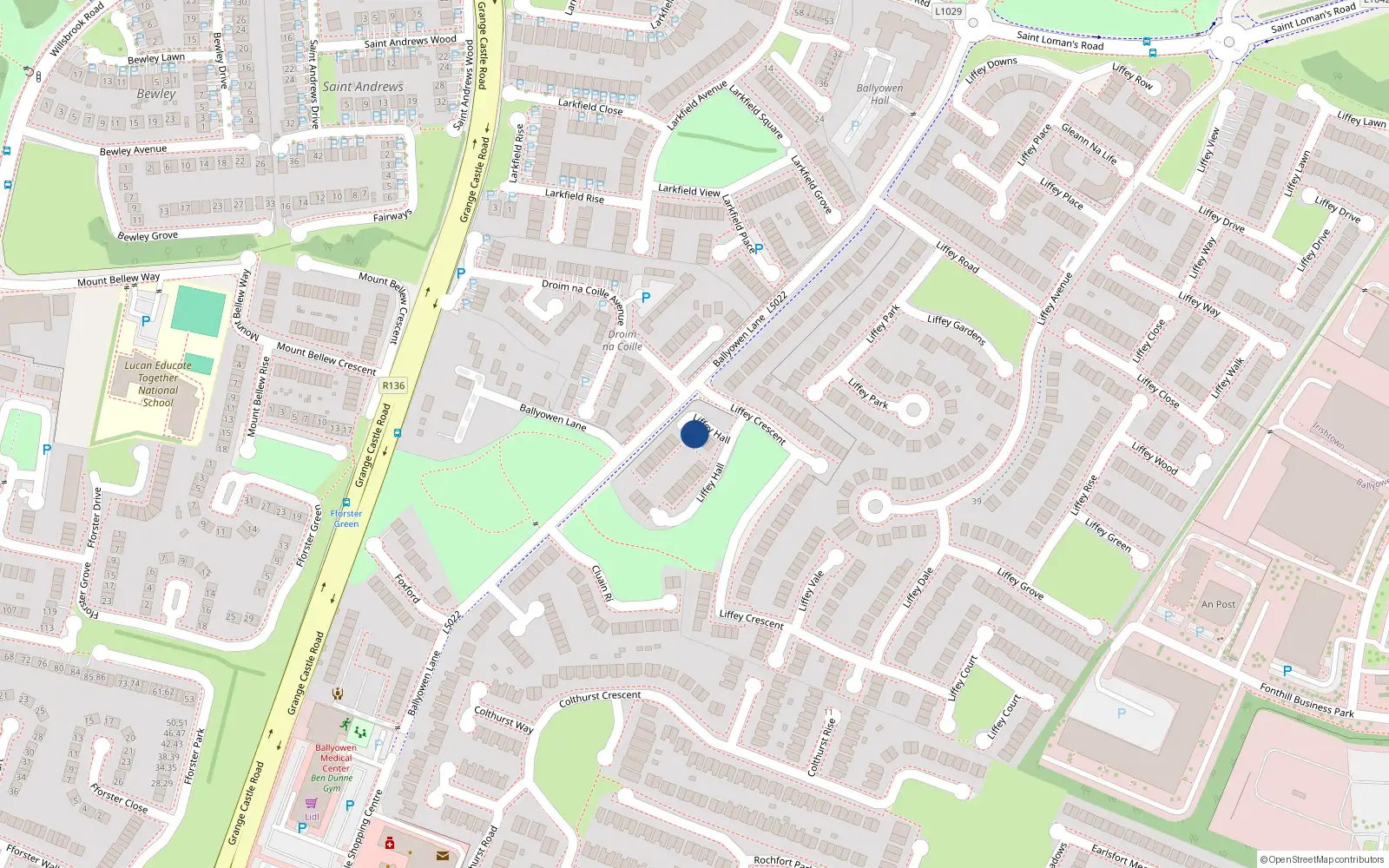 Overhead map showing the location of 1 Liffey Hall, Liffey Valley Park, Lucan