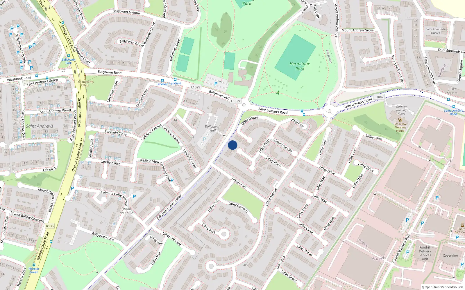 Overhead map showing the location of 1 Liffey Terrace, Liffey Valley Park, Lucan