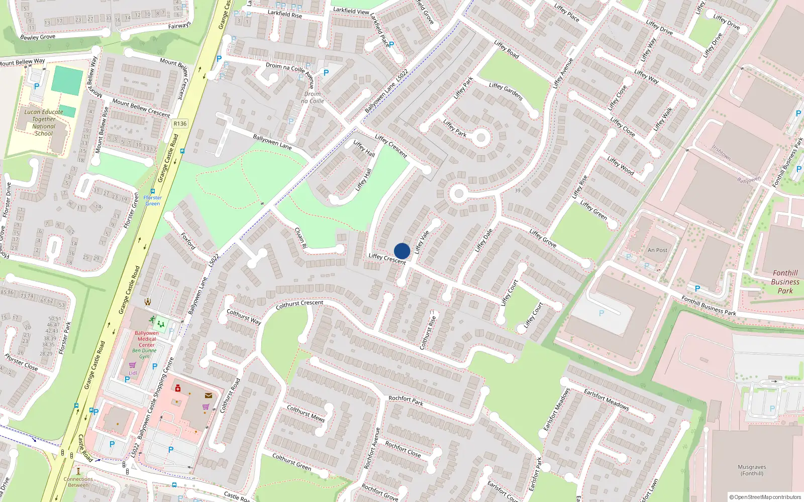 Overhead map showing the location of 1 Liffey Vale, Lucan