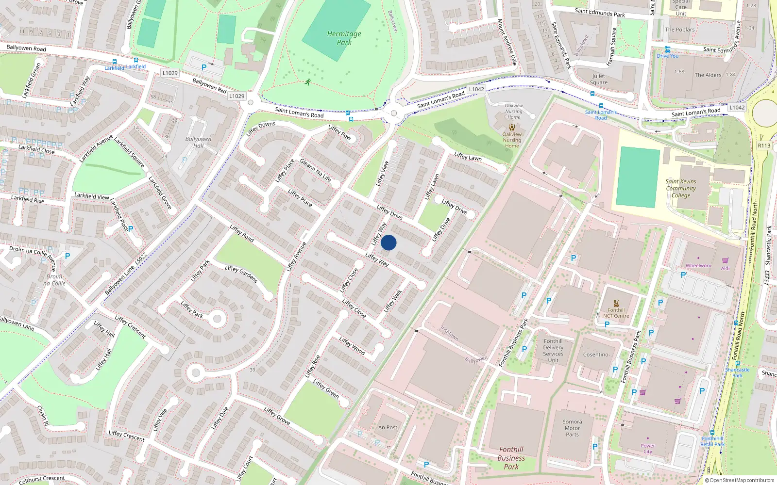 Overhead map showing the location of 1 Liffey Way, Lucan