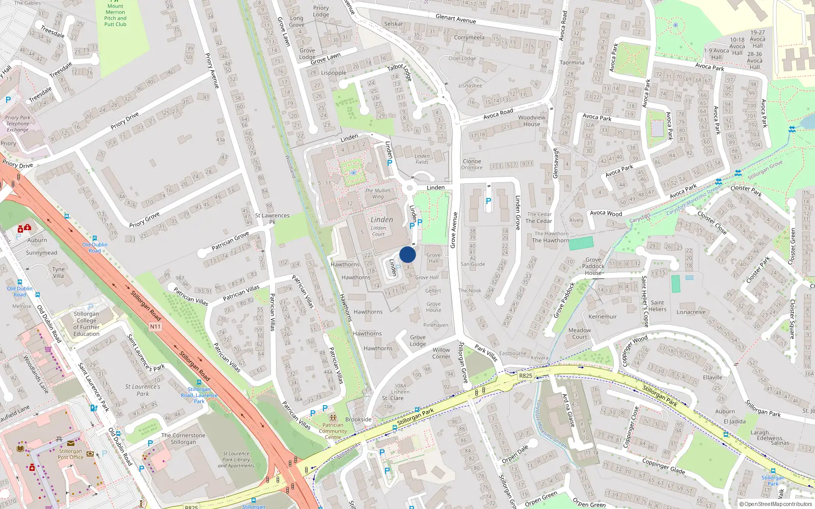 Overhead map showing the location of 1 Linden Place, Grove Avenue, Blackrock