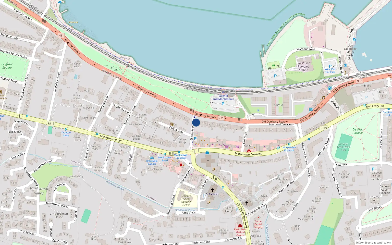 Overhead map showing the location of 1 Longford Terrace, Monkstown, Co Dublin