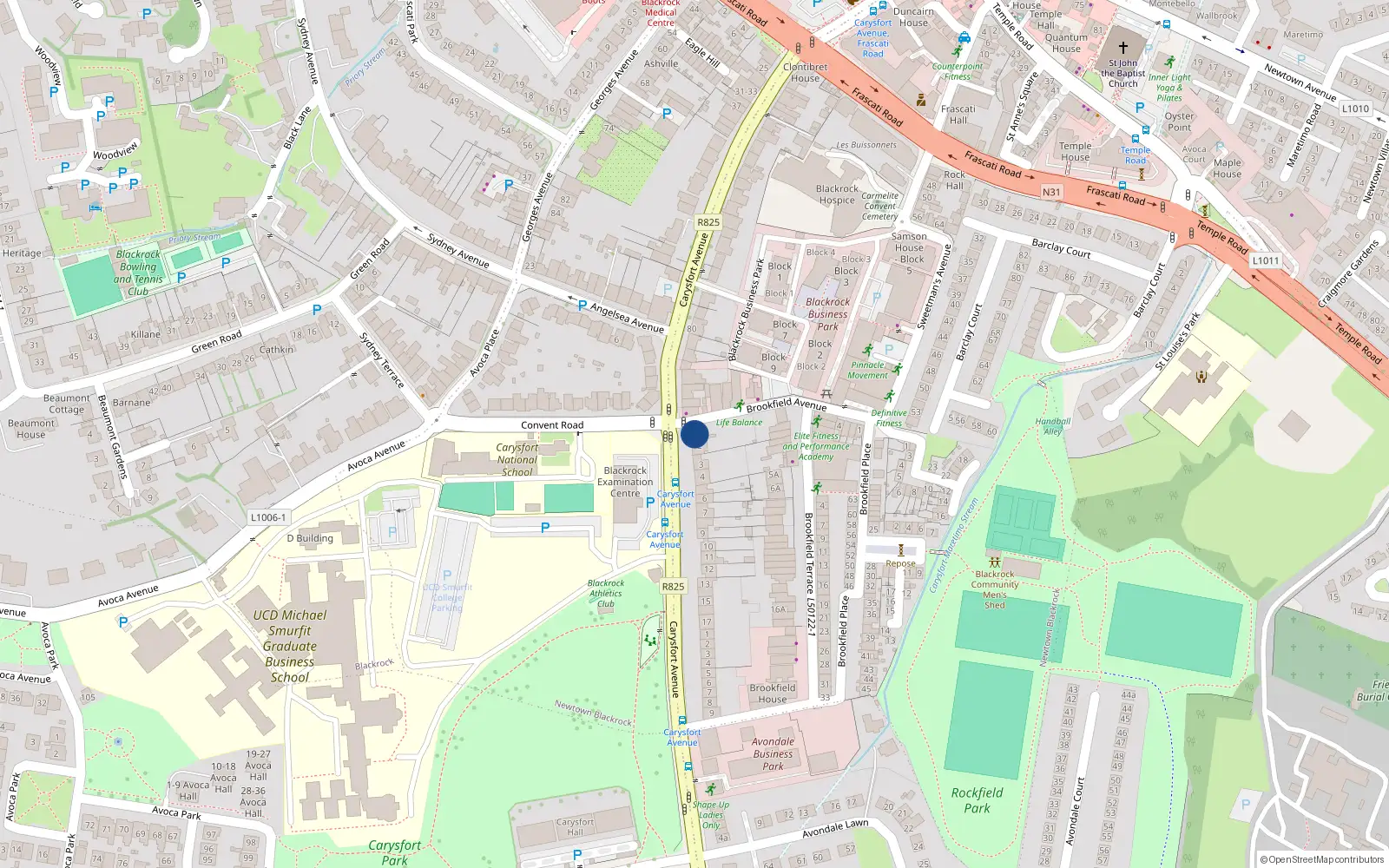 Overhead map showing the location of 1 Lower Prince Edward Terrace, Blackrock, Dublin