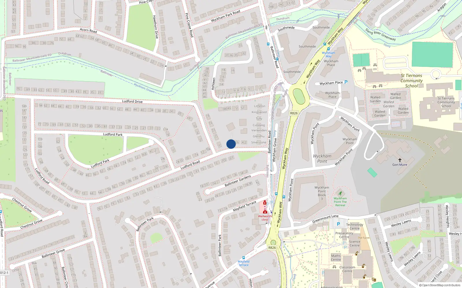 Overhead map showing the location of 1 Ludford Grove, Ballinteer
