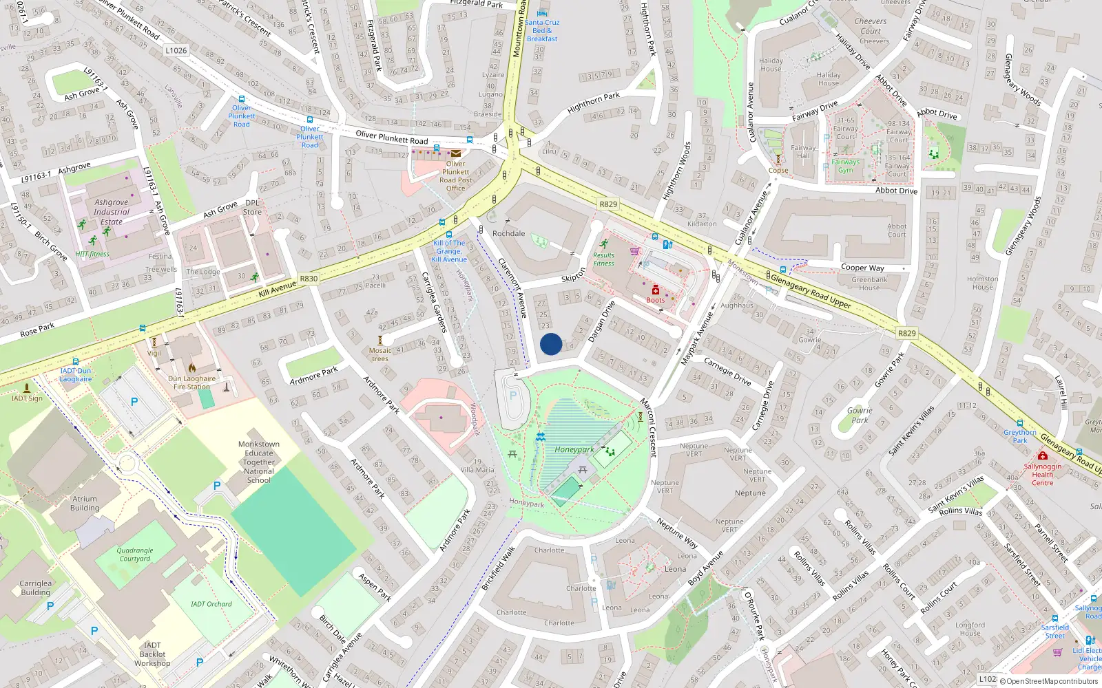Overhead map showing the location of 1 Marconi Crescent, Dun Laoighaire
