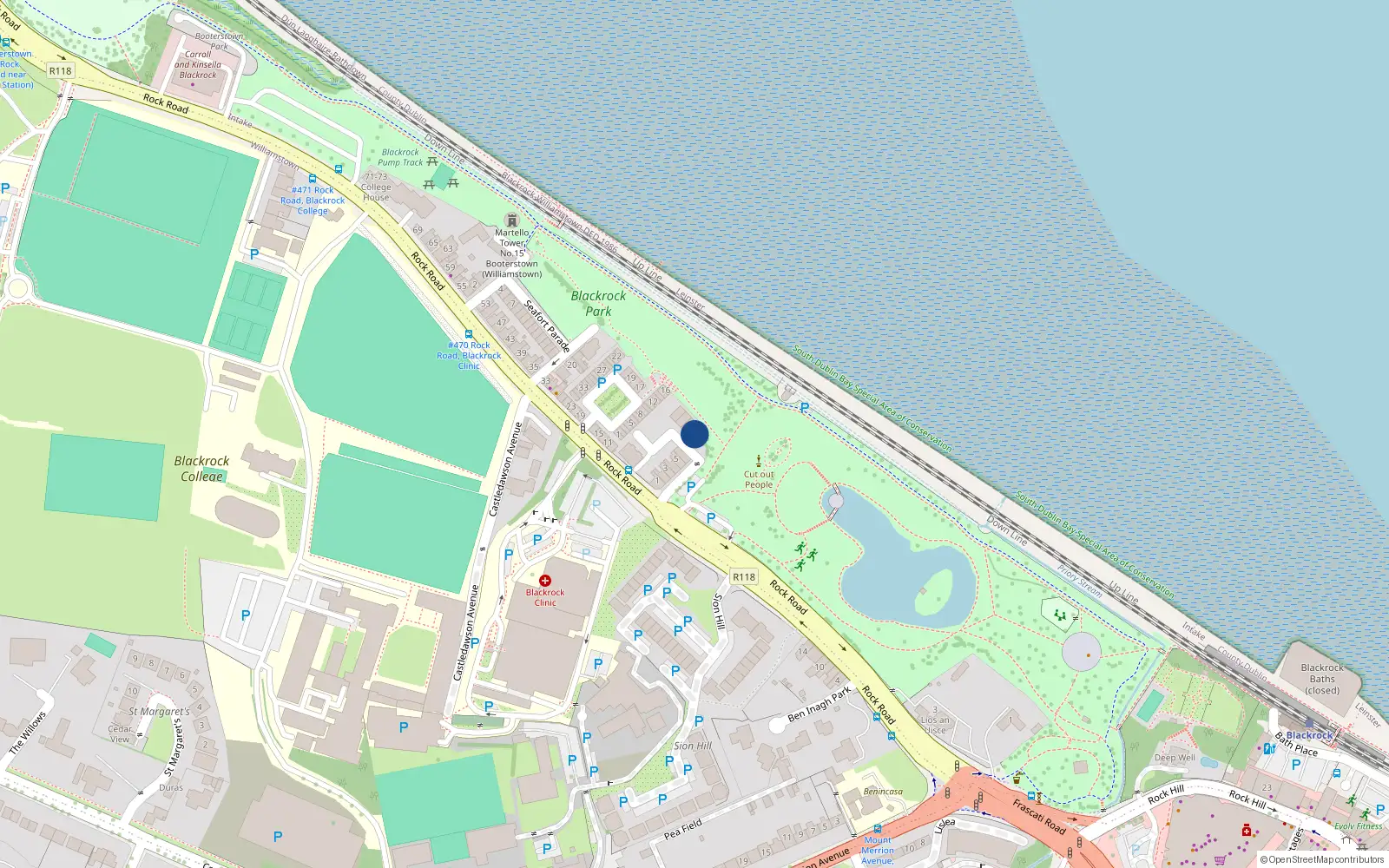 Overhead map showing the location of 1 Marine View, Rock Road, Blackrock