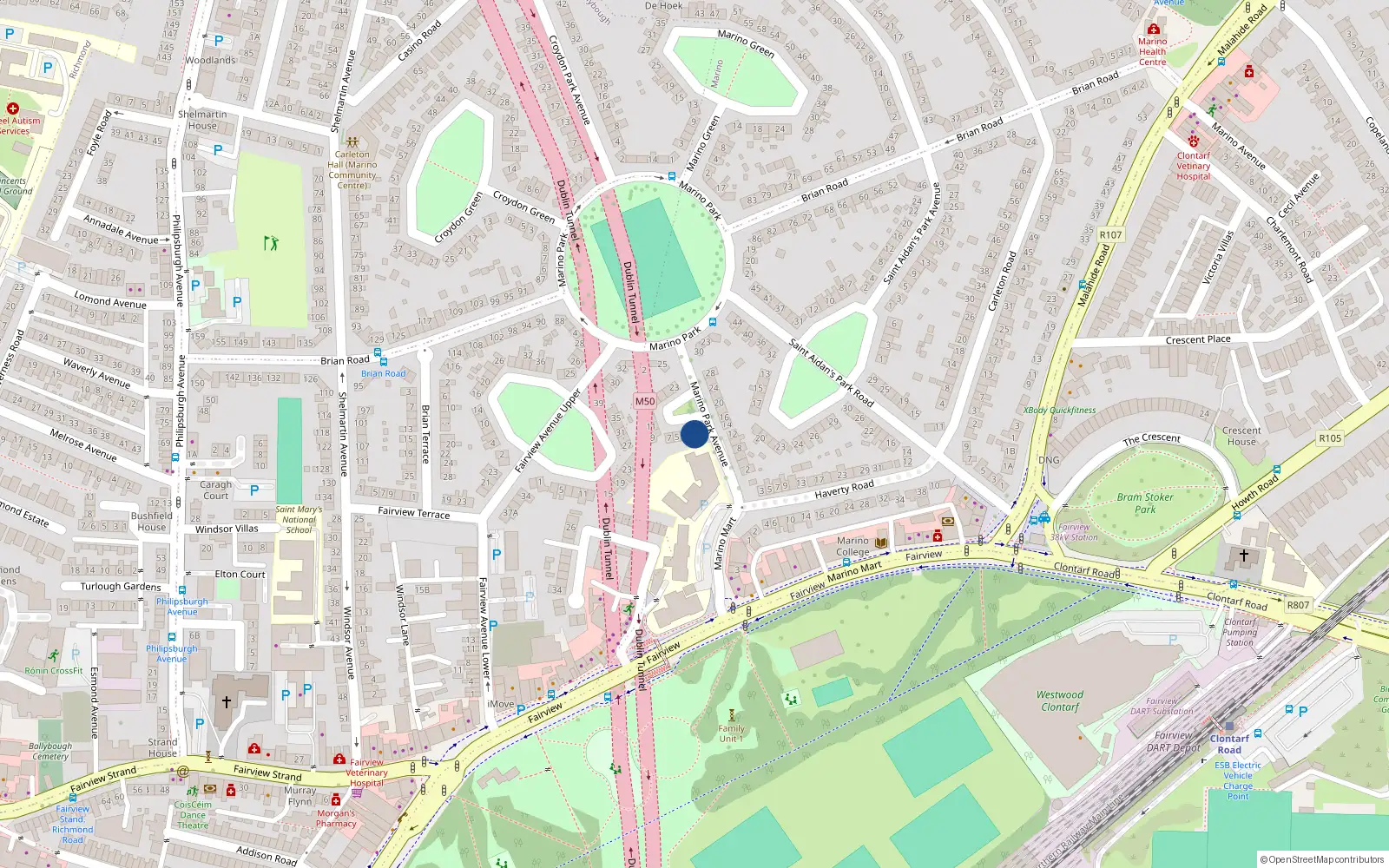 Overhead map showing the location of 1 Marino Park Avenue, Marino