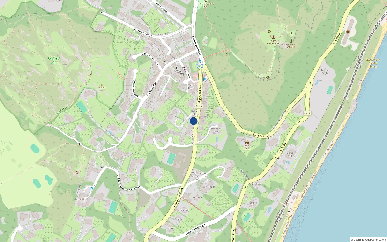 Overhead map showing the location of 1 Mariposa Cottage, 1 Killiney Hill Road, Killiney