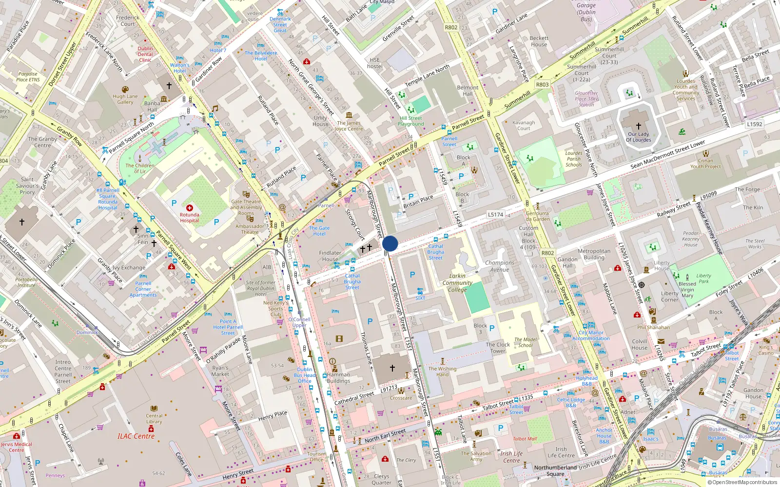 Overhead map showing the location of 1 Marlborough Street, Dublin 1