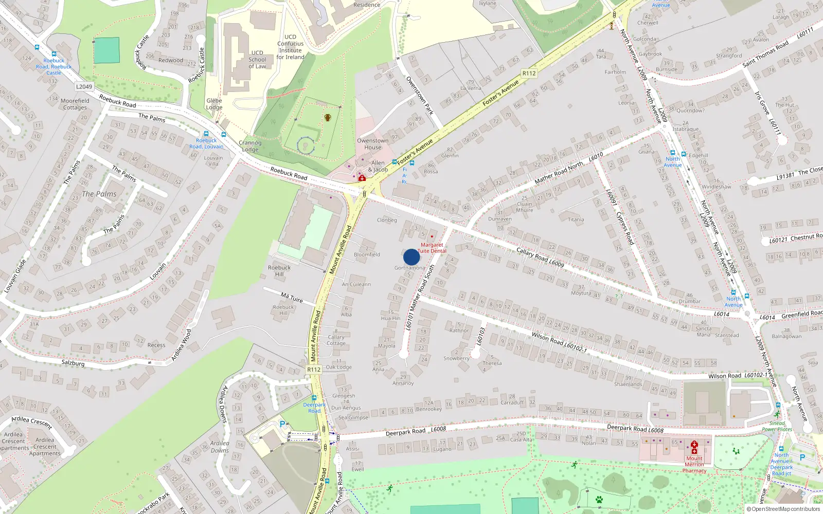 Overhead map showing the location of 1 Mather Road South, Mount Merrion, Co Dublin