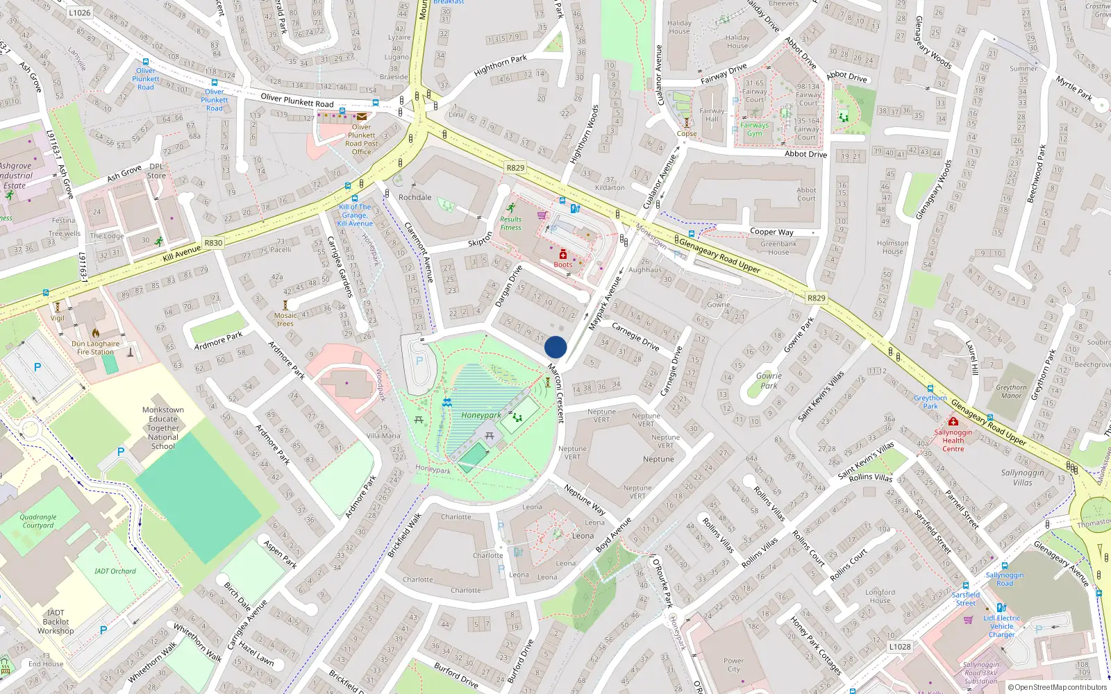 Overhead map showing the location of 1 Maypark Avenue, Honeypark, Dun Laoghaire