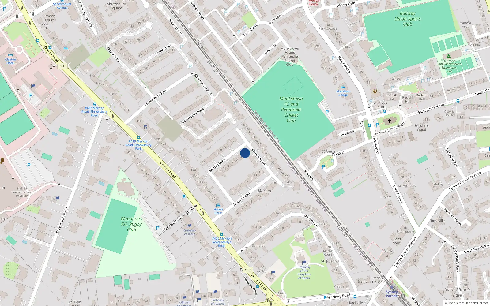 Overhead map showing the location of 1 Merlyn Drive, Ballsbridge