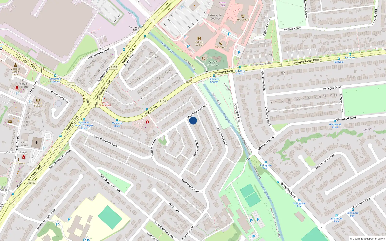 Overhead map showing the location of 1 Moatfield Park, St Brendans Estate, Coolock Dublin 5