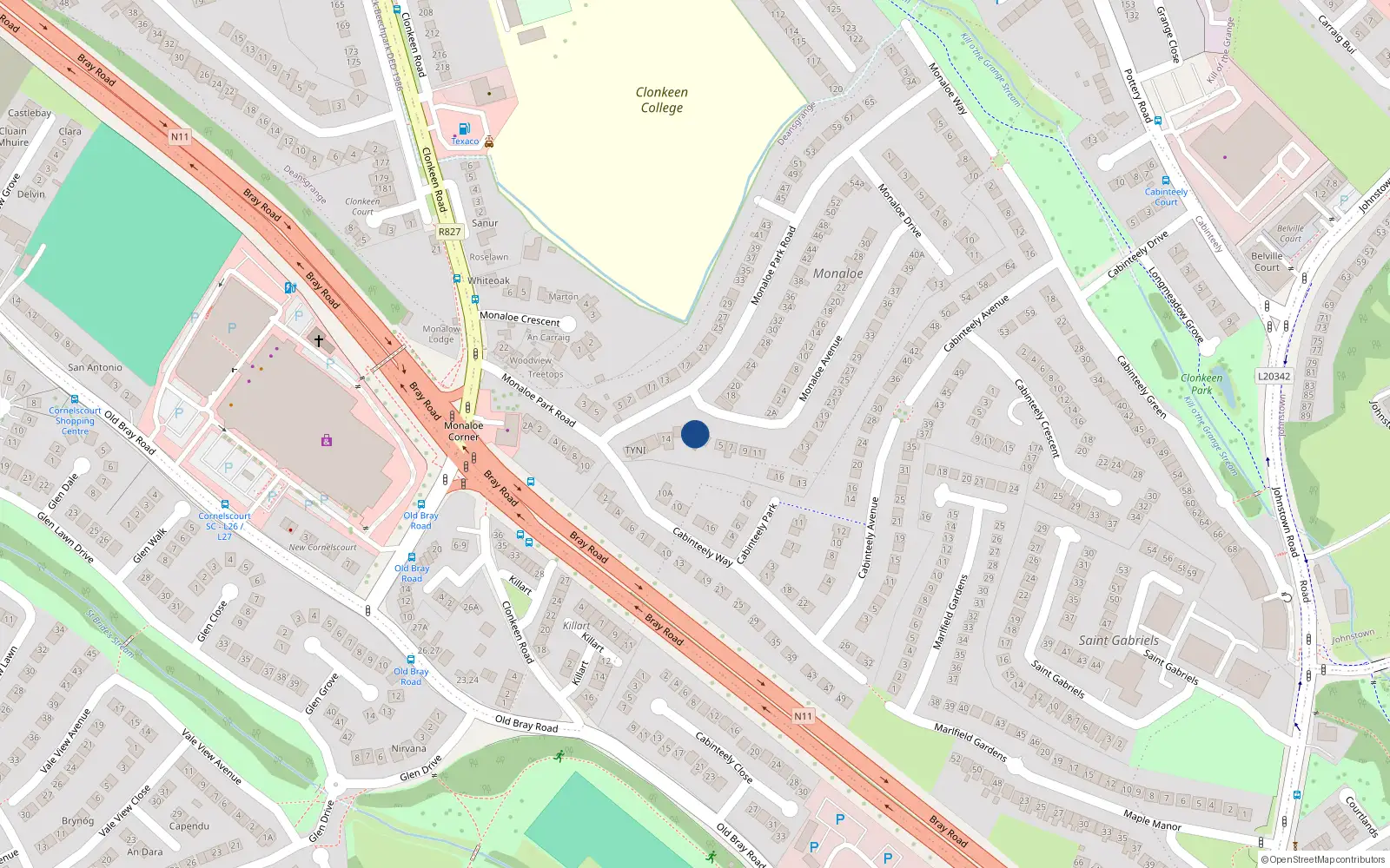 Overhead map showing the location of 1 Monaloe Avenue, Clonkeen Road, Blackrock