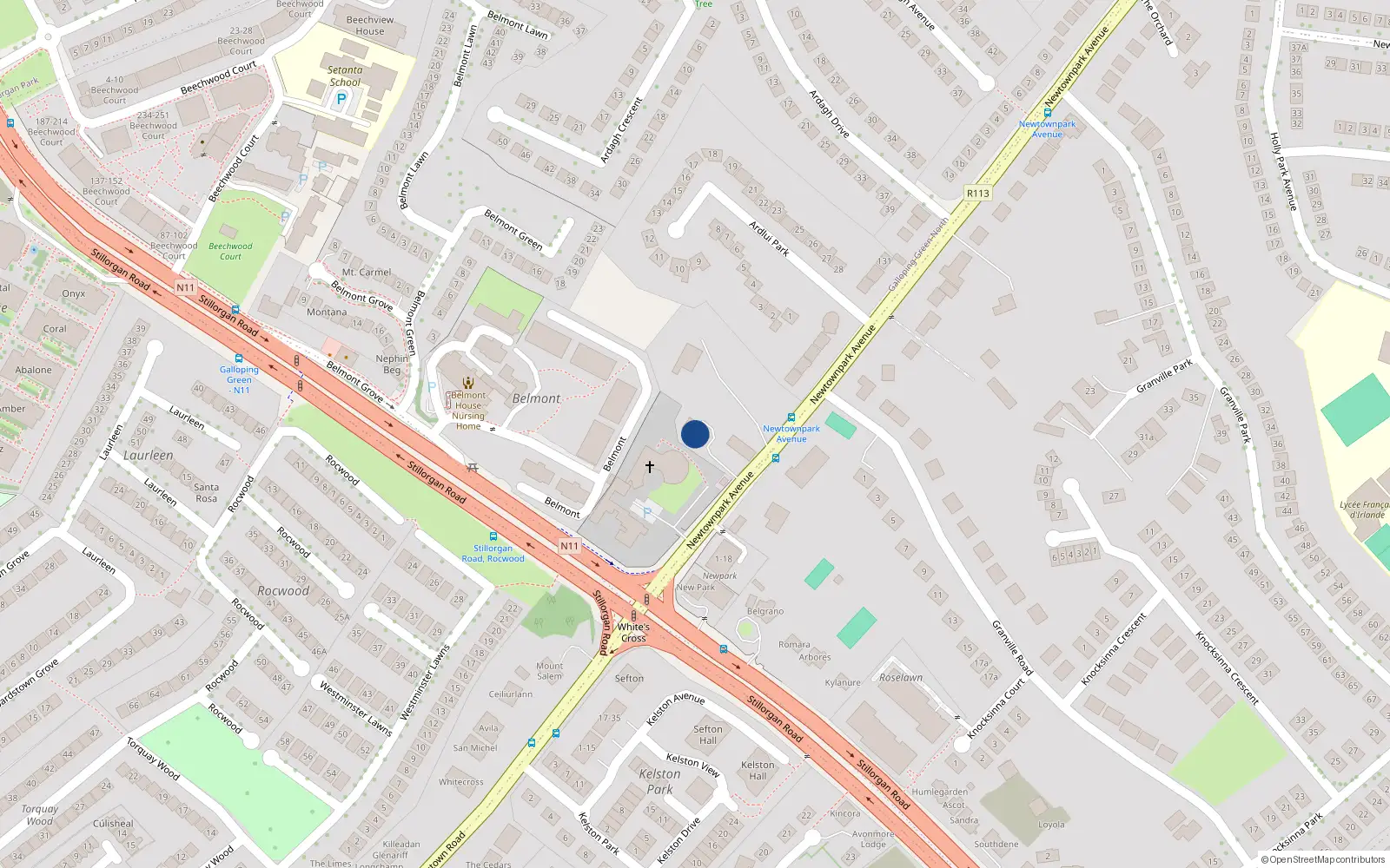 Overhead map showing the location of 1 Monksfield Mews, Newtownpark Avenue, Blackrock