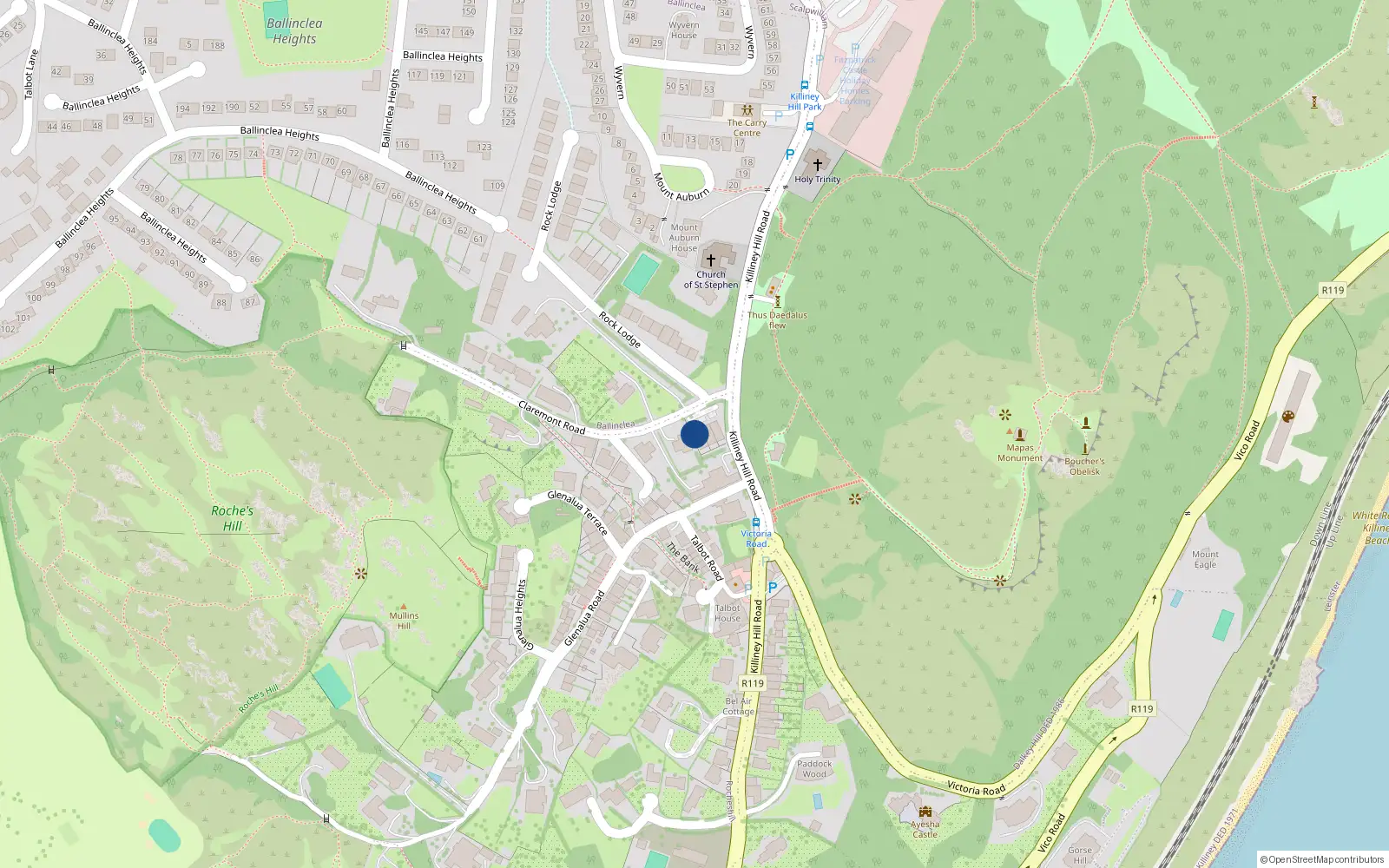 Overhead map showing the location of 1 Montclair, Claremont Road, Killiney