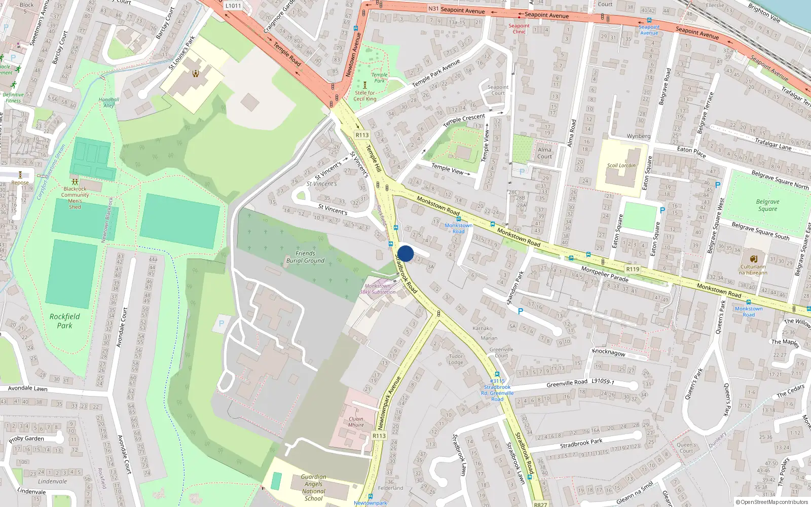 Overhead map showing the location of 1A Montpelier Place, Blackrock