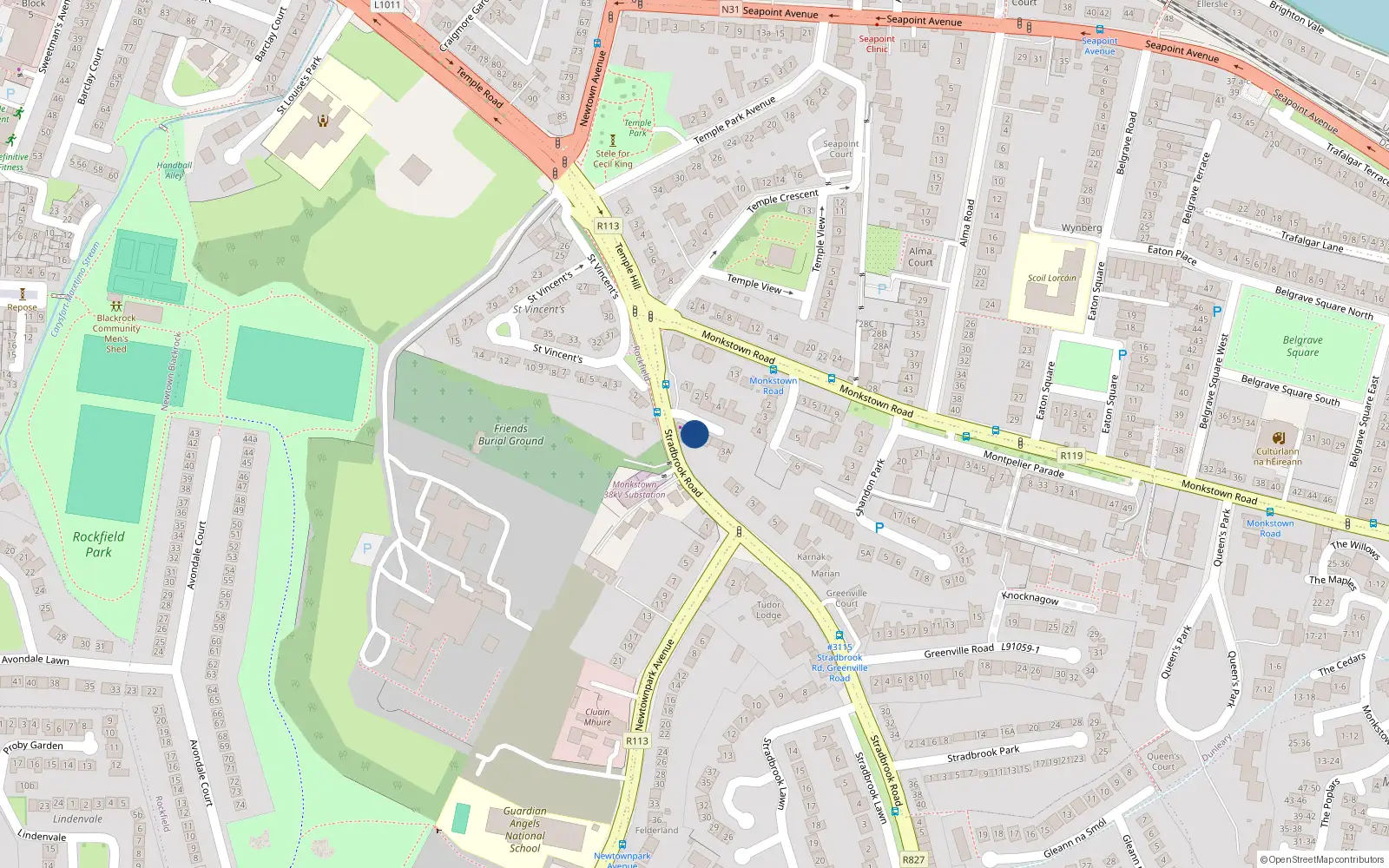 Overhead map showing the location of 1 Montpelier Place, Monkstown