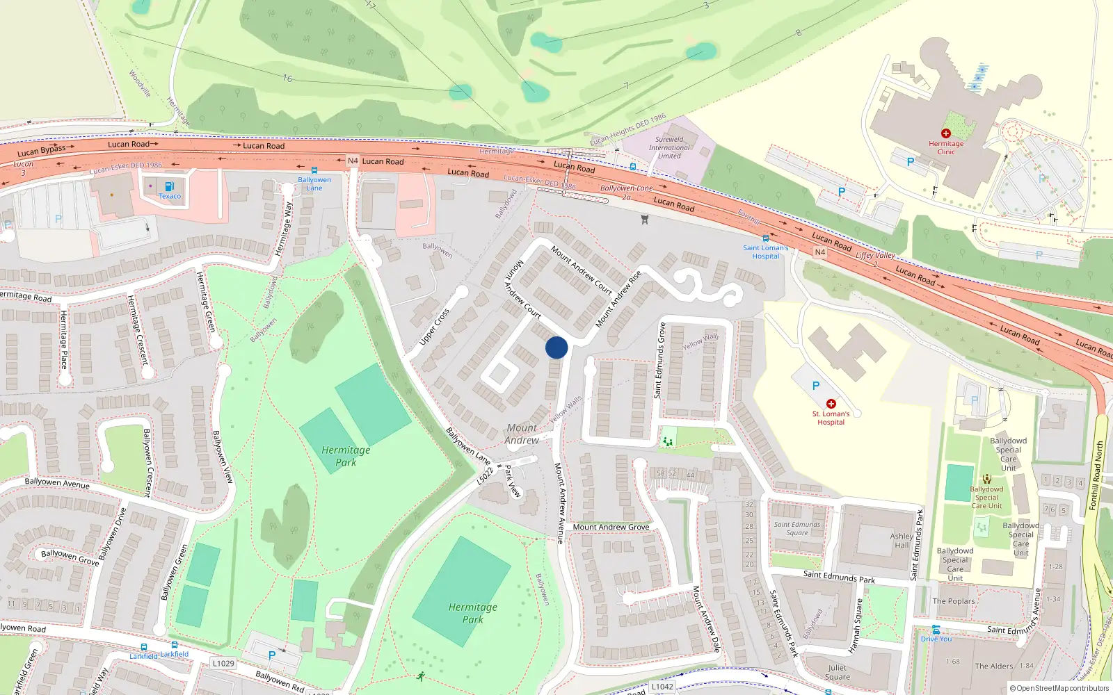 Overhead map showing the location of 1 Mount Andrew Court, Lucan, Dublin