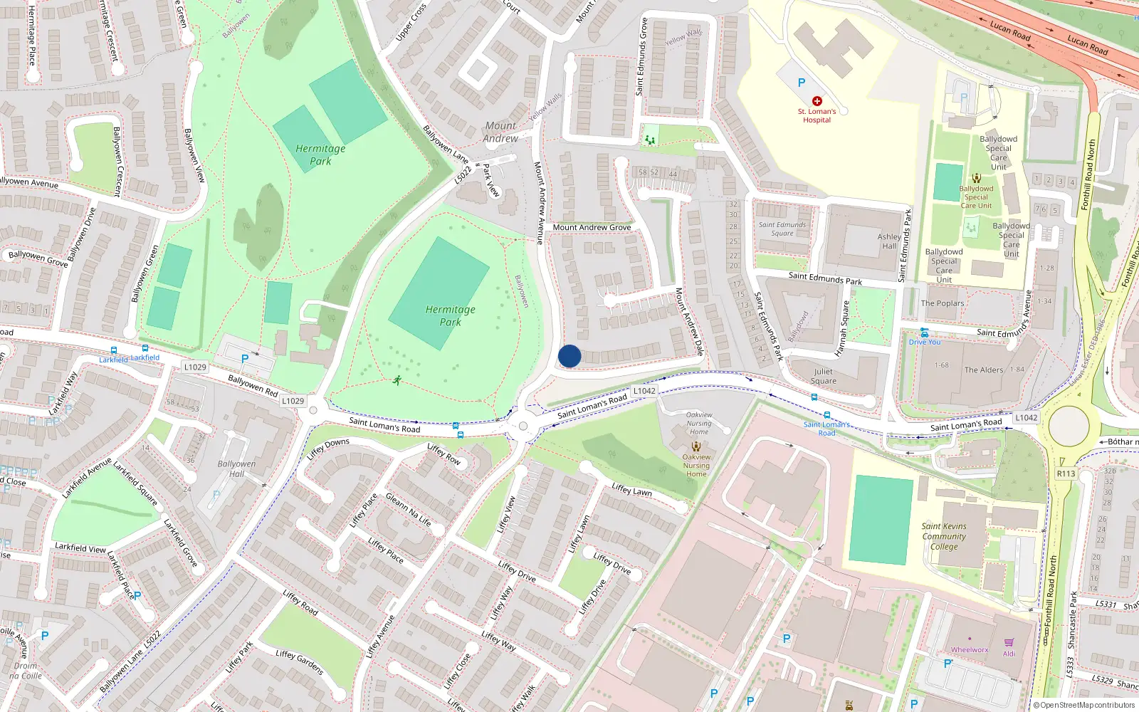 Overhead map showing the location of 1 Mount Andrew Dale, Lucan, Dublin