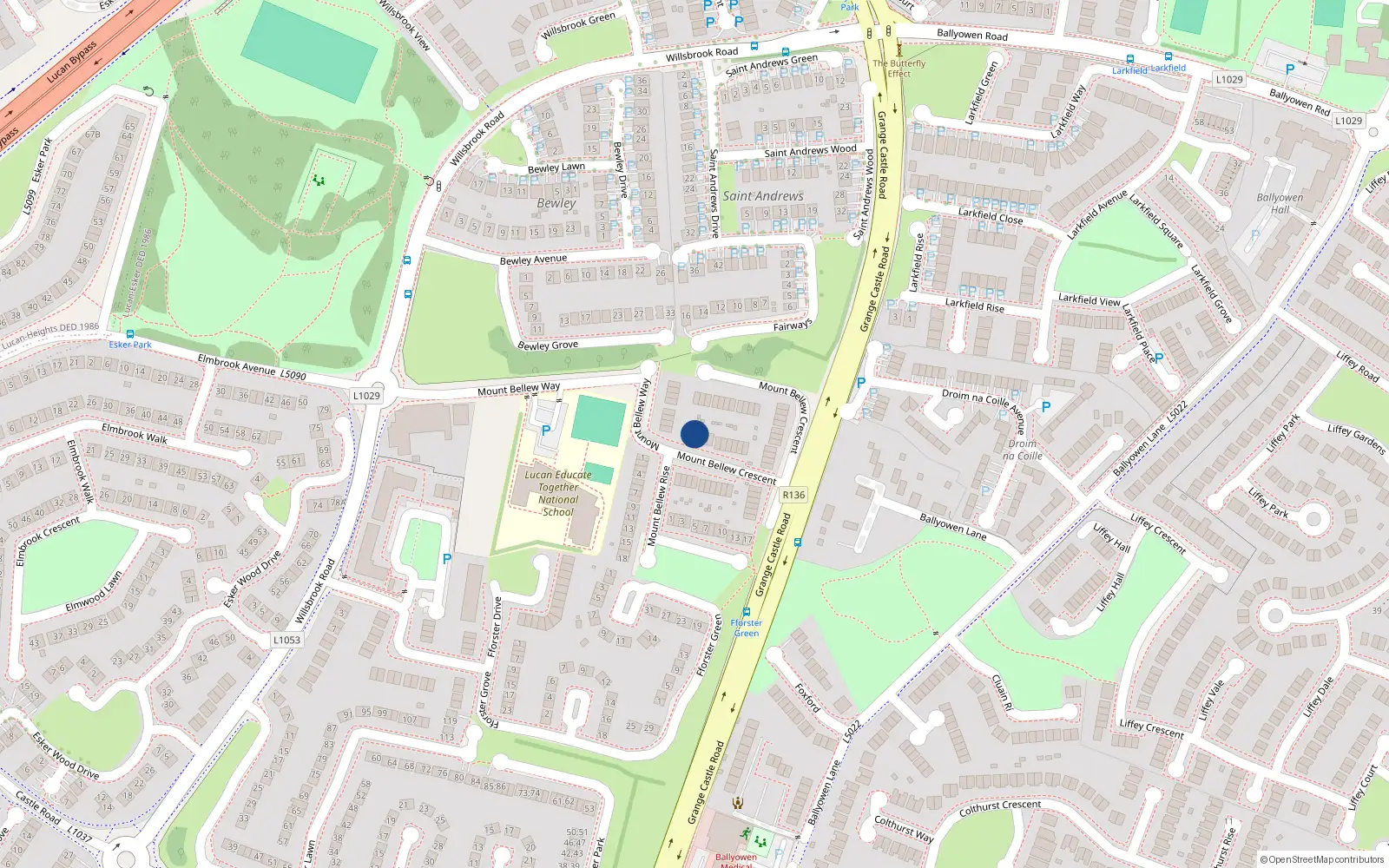 Overhead map showing the location of 1 Mount Bellew Crescent, Lucan