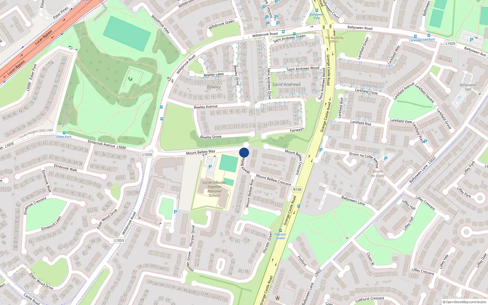 Overhead map showing the location of 1 Mount Bellew Way, Lucan