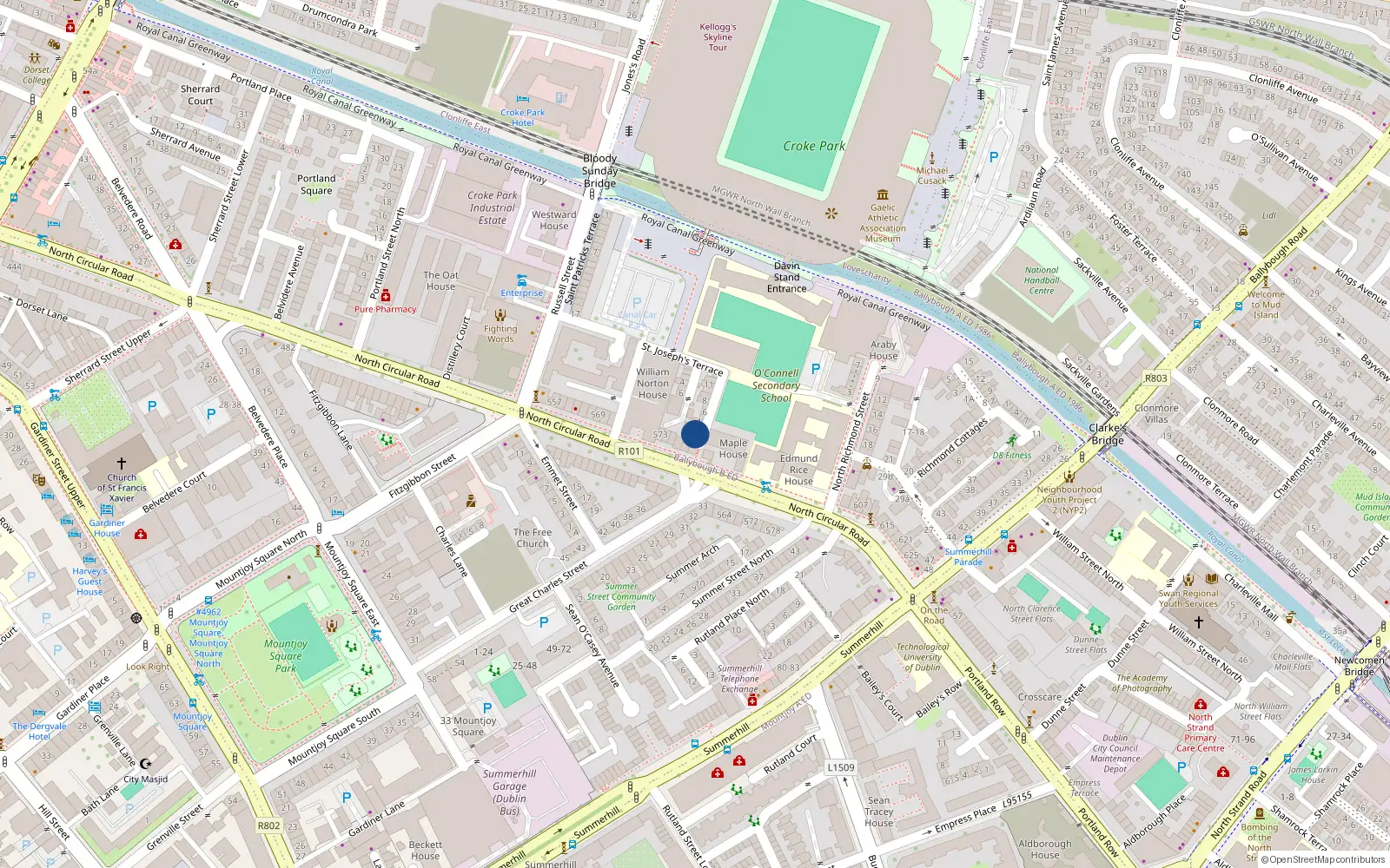 Overhead map showing the location of 1 Mountjoy Parade, Dublin 1