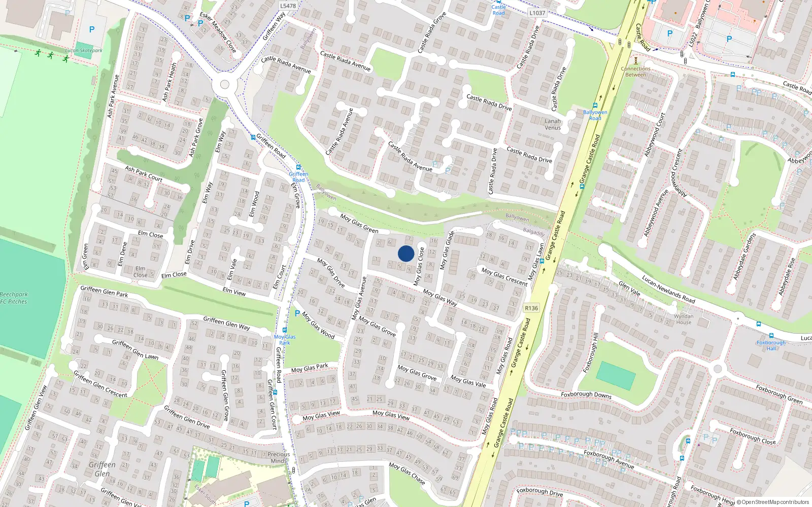 Overhead map showing the location of 1 Moy Glas Close, Griffeen Valley, Lucan
