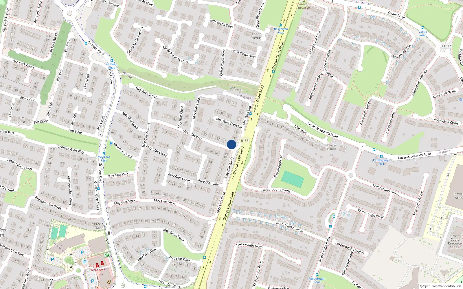 Overhead map showing the location of 1 Moyglass Lawn, Griffeen Valley, Lucan