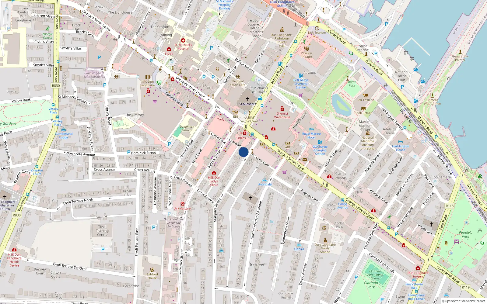 Overhead map showing the location of 1 Mulgrave St, Dun Laoghaire, Dublin