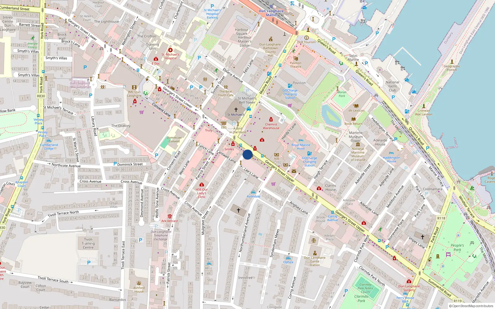 Overhead map showing the location of 1 Mulgrave Street, County Dublin