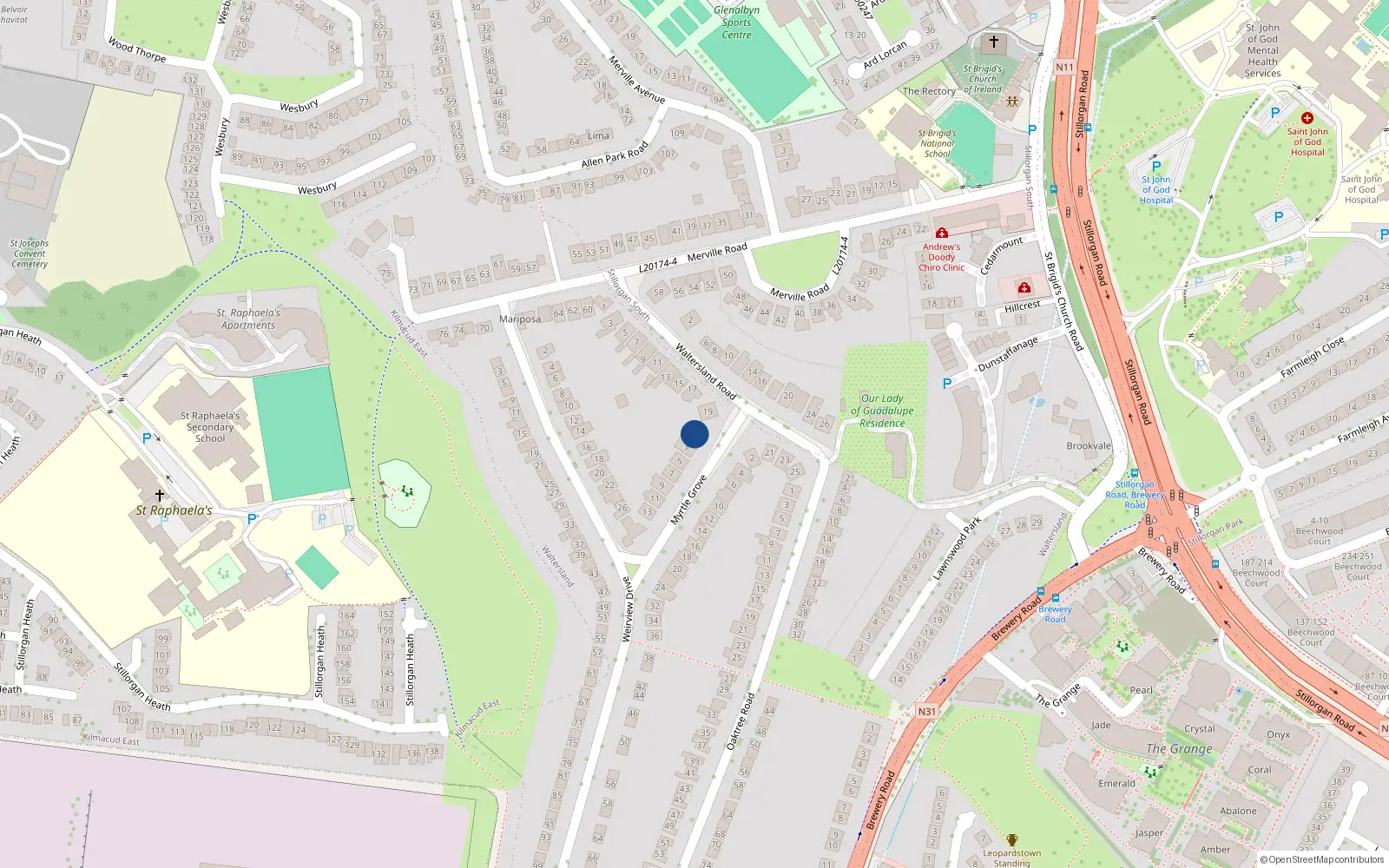 Overhead map showing the location of 1 Myrtle Grove, Dublin