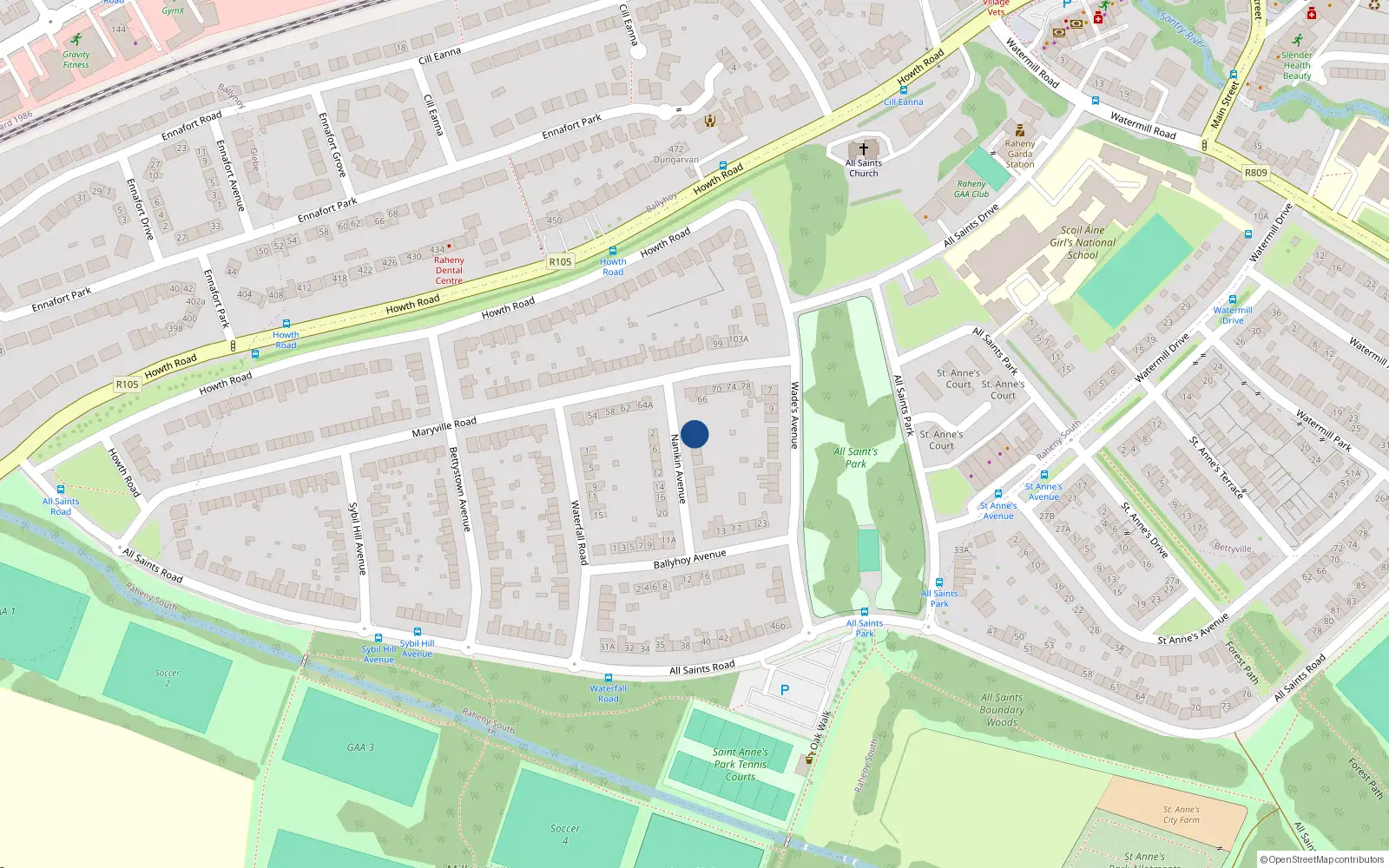 Overhead map showing the location of 1 Nanikin Avenue, Dublin 5