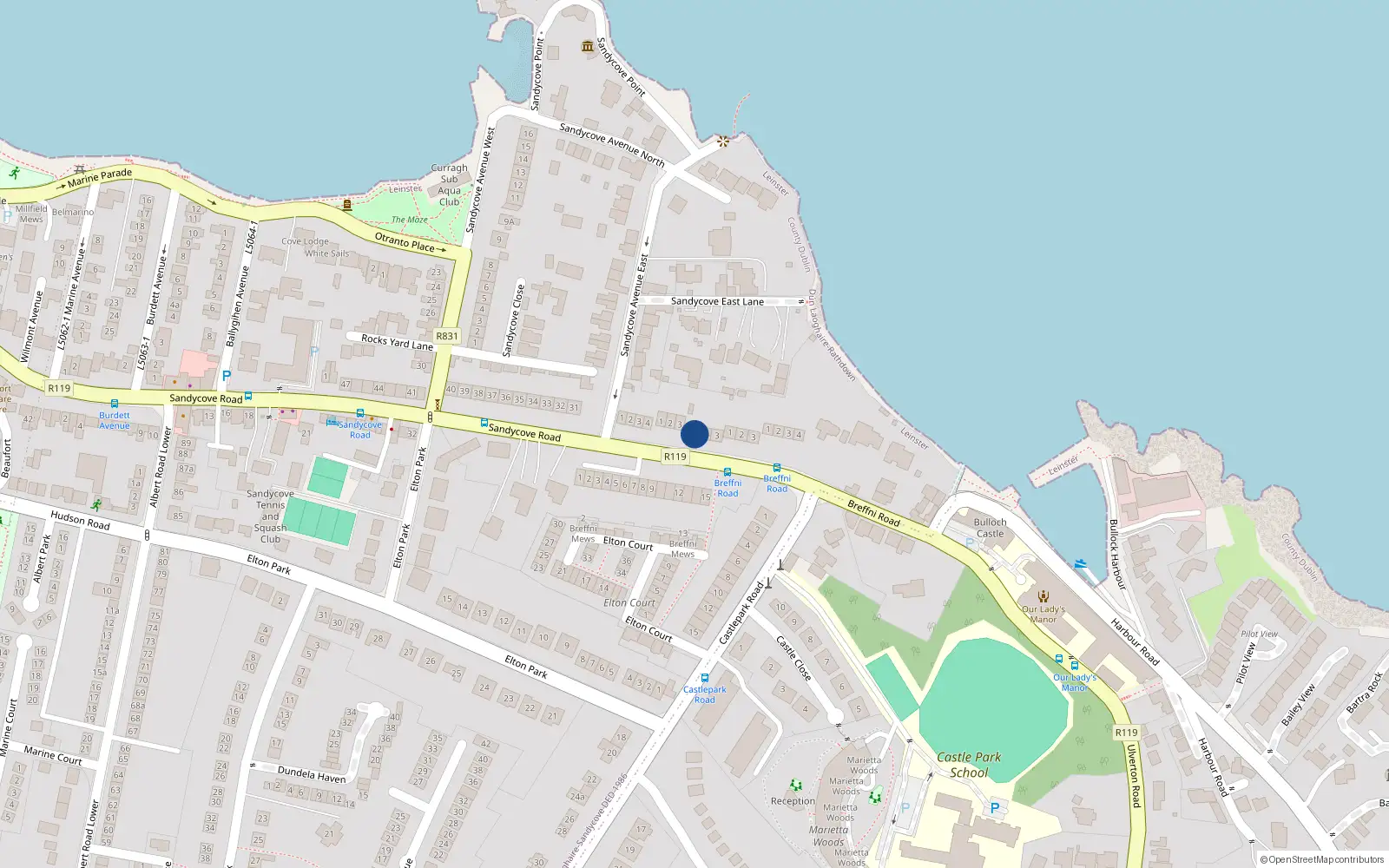 Overhead map showing the location of 1 Neptune Terrace, Breffni Road, Sandycove