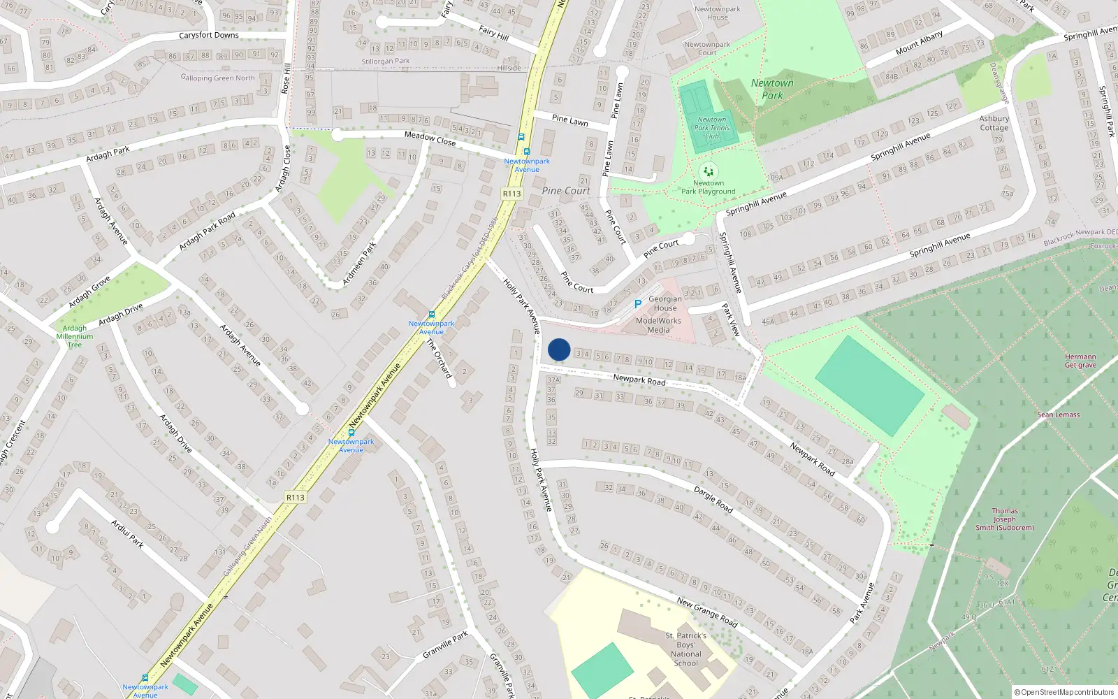 Overhead map showing the location of 1 New Park Road, Hollypark, Blackrock