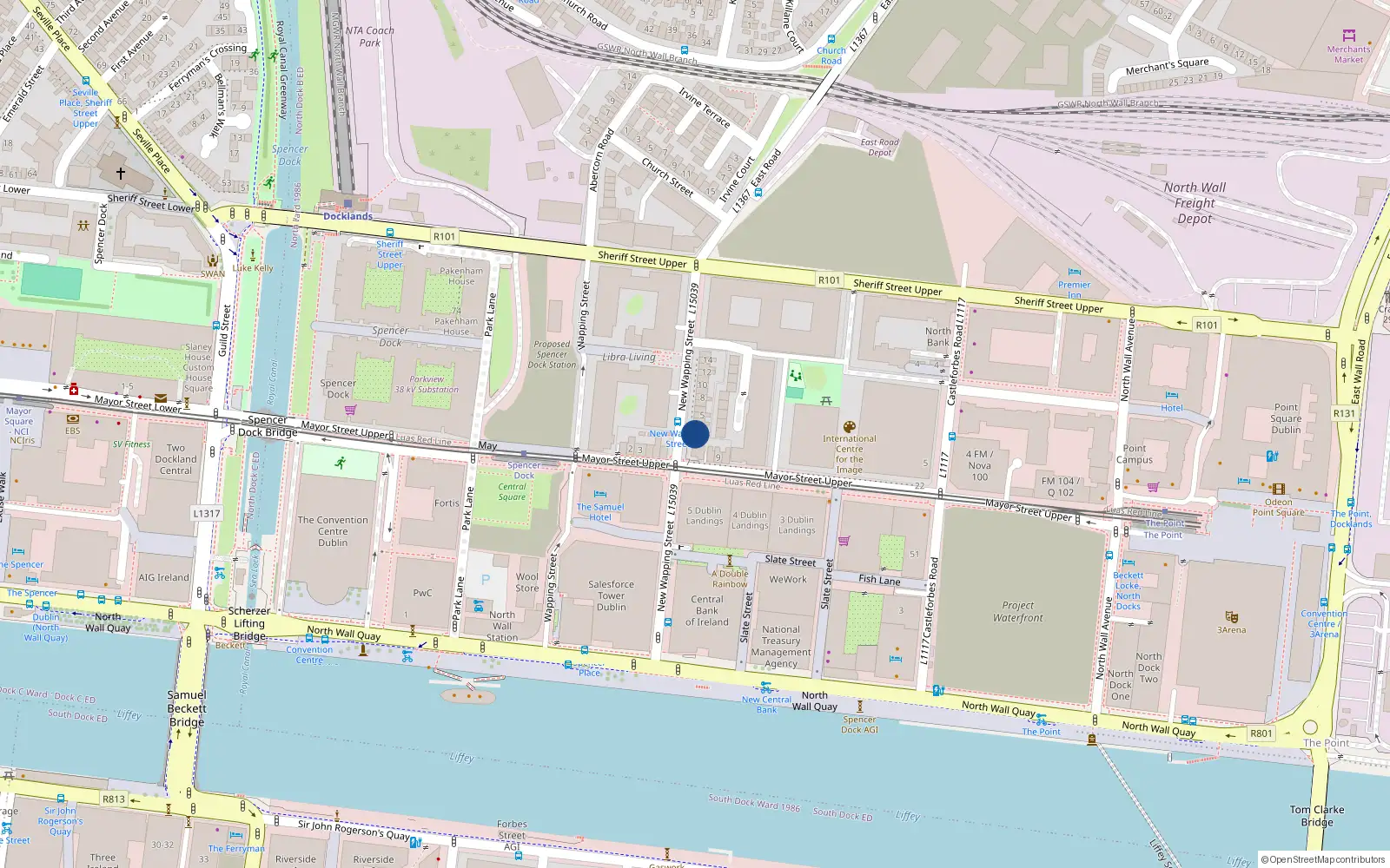 Overhead map showing the location of 1 New Wapping Street, Dublin 1