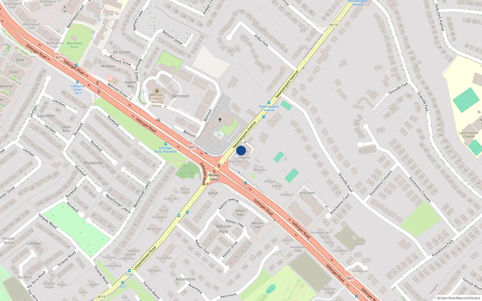Overhead map showing the location of 1 Newpark Apts, Newtownpark Avenue, Foxrock