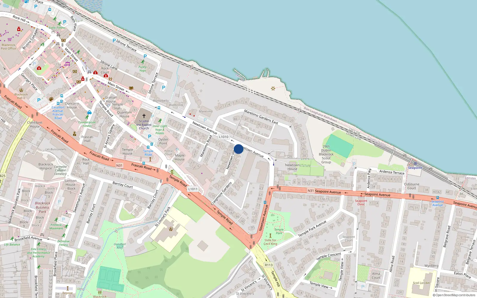Overhead map showing the location of 1 Newtown Villas, Blackrock, Dublin