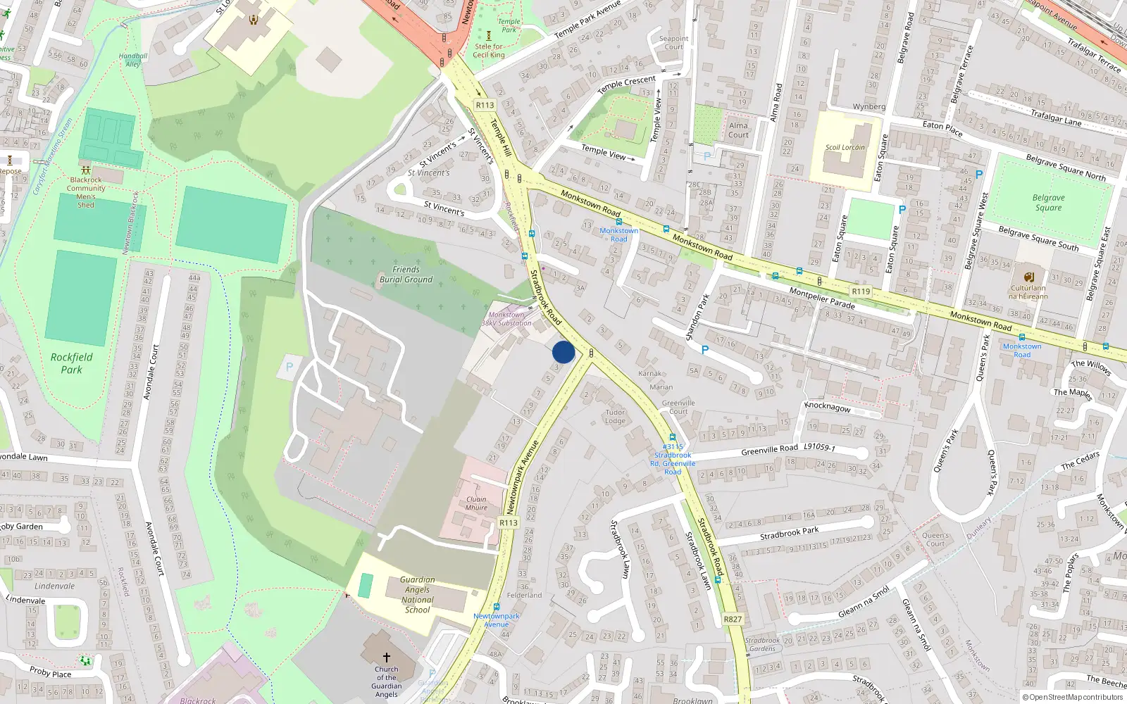 Overhead map showing the location of 1 Newtownpark Avenue, Blackrock, Dublin