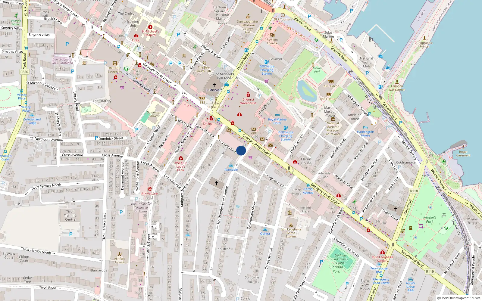 Overhead map showing the location of 1 Northumberland Avenue, Dun Laoghaire