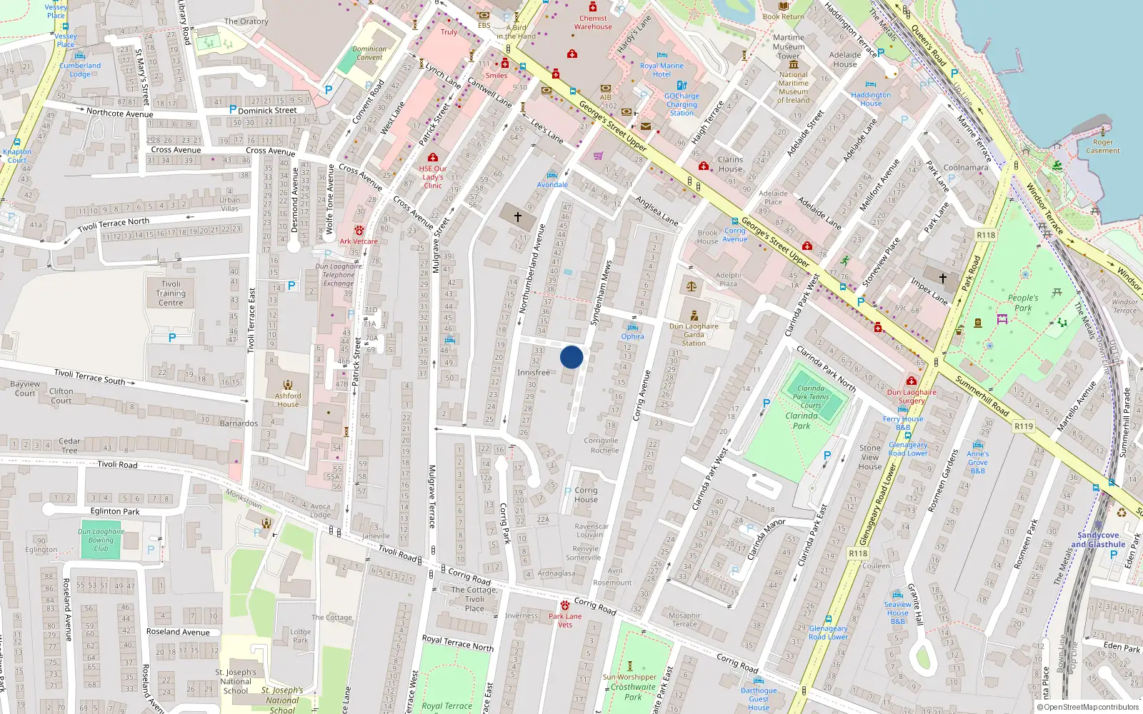 Overhead map showing the location of 1 Northumberland Close, Dún Laoghaire